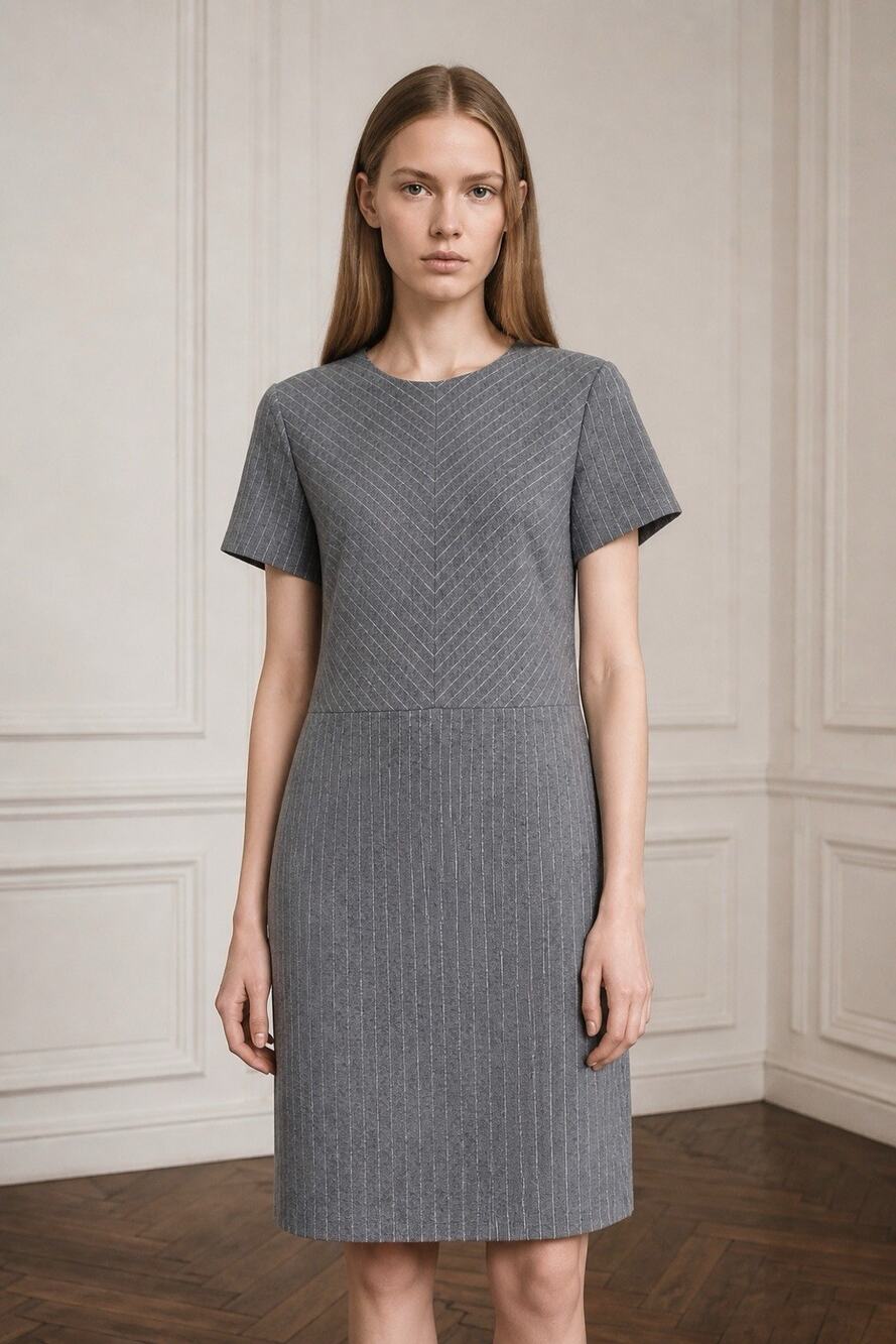 Gray Pinstripe Banana Republic Dress Womens 10 Short Sleeve Sheath Knee Length